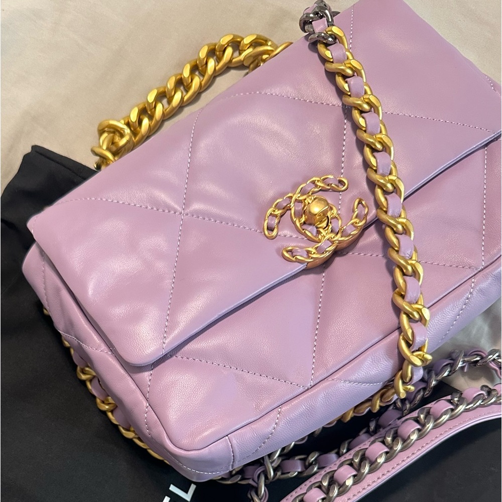 CHANEL Matelasse 19 Chain Shoulder Bag Lambskin Purple Gold Metal